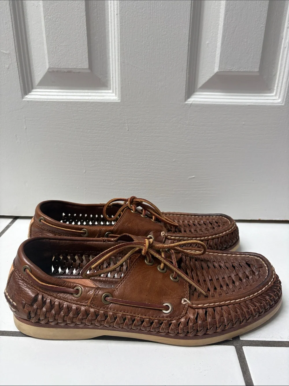 Frye Men's Sully Woven Leather Lace-Up Brown Boat Venetian Shoes Loafers Size 11